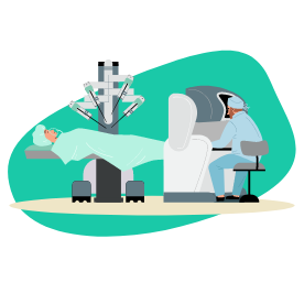 Illustration d’un patient allongé sur une table d’opération, avec son médecin derrière un équipement médical