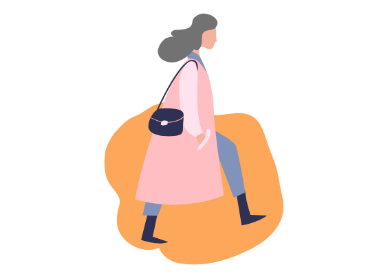 Illustration d’une femme marchant avec une main dans la poche et son sac à main sur l’épaule